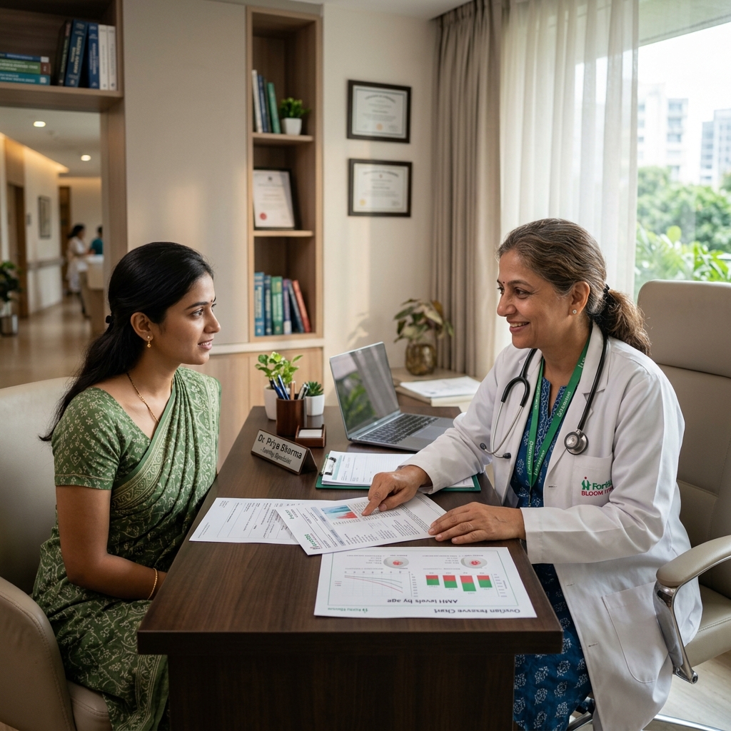 Fertility specialist reviewing AMH blood test and ovarian reserve results with a patient at a clinic